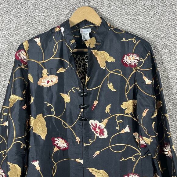Spiegel Silk Jacket Womens Small Black Floral Embroidered Long Sleeve Lined - Picture 2 of 11